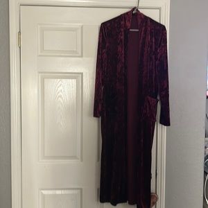 Maroon, crushed velvet, long duster cardigan with pockets